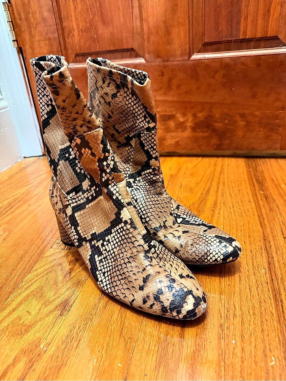 Women's Snake Print Heeled Boots Brown